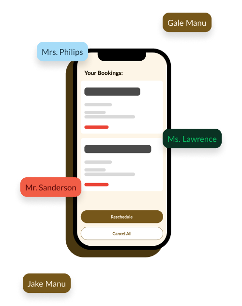 the mobile view for bookit with teacher names in bubbles around it