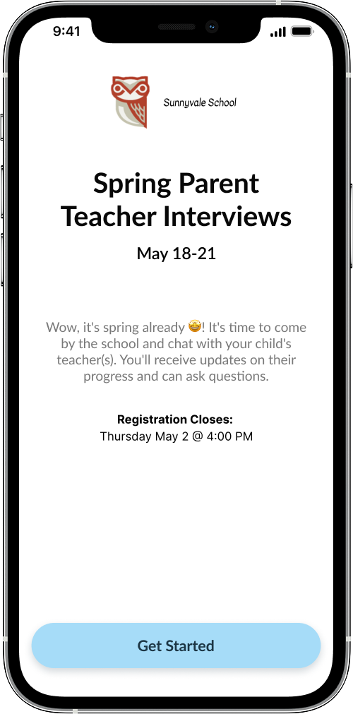 Bookings page for a parent teacher interview